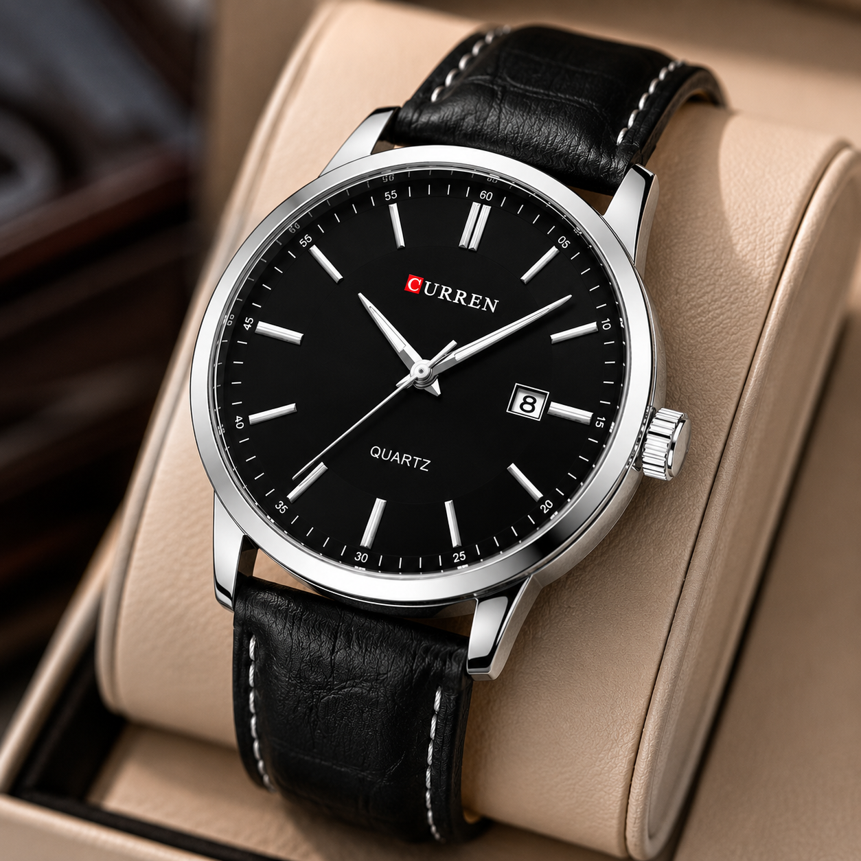 CURREN 8376 Men's Quartz Watch – Black Dial Leather Strap (Copy) - Image 2